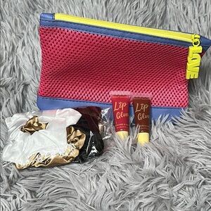 IPSY LOVE Pink & Blue Mesh Style Bag w/LOVE Pull & 2 Lip Glosses & Scrunchie Set